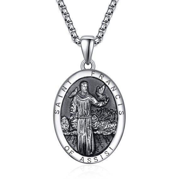 ADMETUS Heiliger Franziskus Anhänger Halskette 925 Sterling Silber Franziskus von Assisi - Medaillen der Schutzheiligen Schutz Schmuck Religiöse Geschenk für Herren