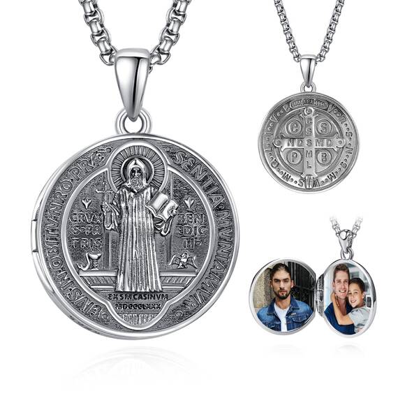 ADMETUS Foto Medaillon Heiliger Benedikt Anhänger Sterling Silber San Benito Medallion für Foto Bilder Heiliger Benedikt Medaille Schmuck Geschenk für Herren