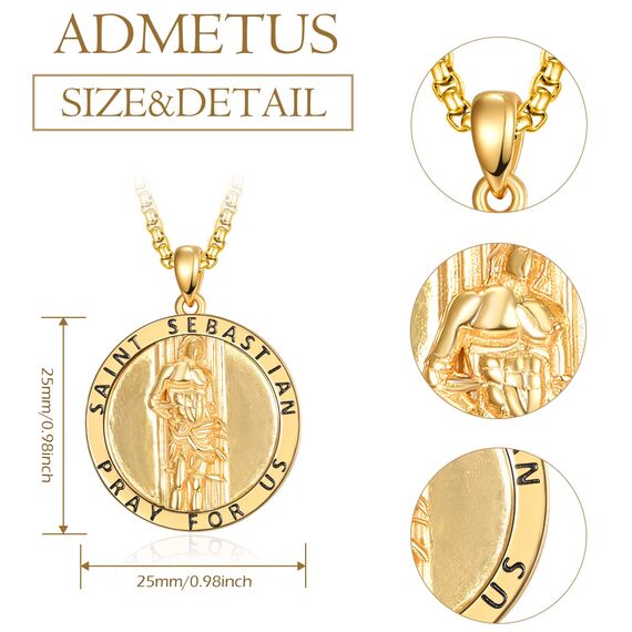 ADMETUS Gold Heiliger Sebastian Anhänger 925 Sterling Silber Heiliger Sebastianus Medaille Halskette Schutz Schmuck Religiöse Geschenk für Herren