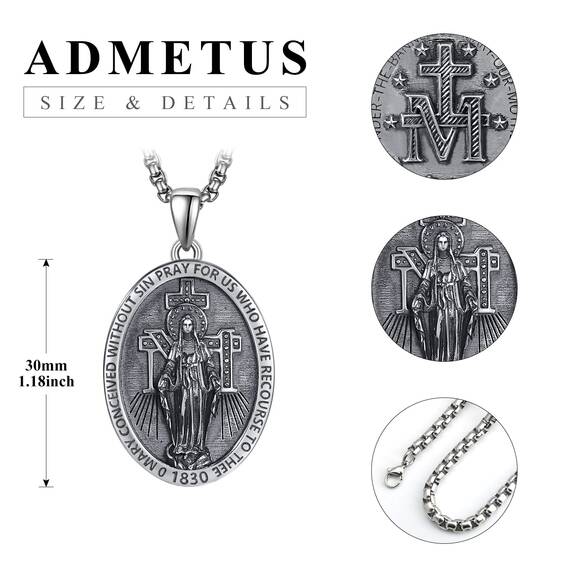 ADMETUS Wundertätige Medaille Sterling Silber Jungfrau Maria Kette Heilige Maria Medaille Katholische Anhänger Schutz Schmuck Religiöse Geschenk für Herren