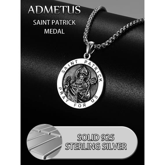 ADMETUS Heiliger Patrick Medaille 925 Sterling Silber St. Patrick Day Anhänger Halskette Schutz Schmuck Religiöse Geschenk für Herren
