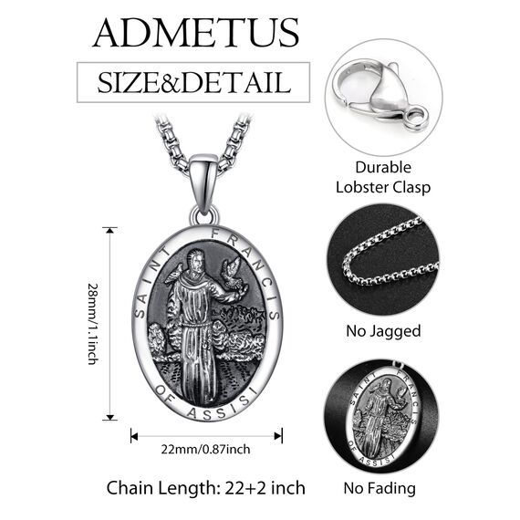 ADMETUS Heiliger Franziskus Anhänger Halskette 925 Sterling Silber Franziskus von Assisi - Medaillen der Schutzheiligen Schutz Schmuck Religiöse Geschenk für Herren