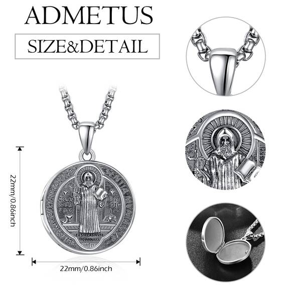 ADMETUS Foto Medaillon Heiliger Benedikt Anhänger Sterling Silber San Benito Medallion für Foto Bilder Heiliger Benedikt Medaille Schmuck Geschenk für Herren