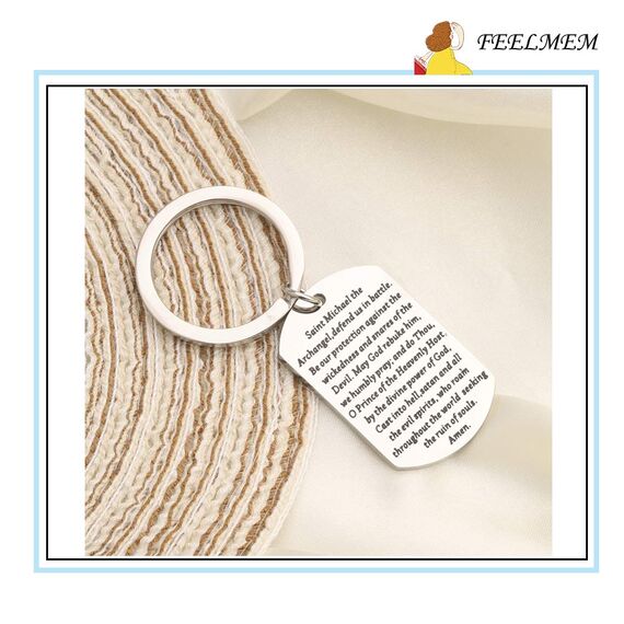 FEELMEM Religiöses Geschenk Michael der Erzengel Gebet Schlüsselanhänger Michael Erzengel Gebet Schützen Sie uns Schlüsselanhänger, silber, Small