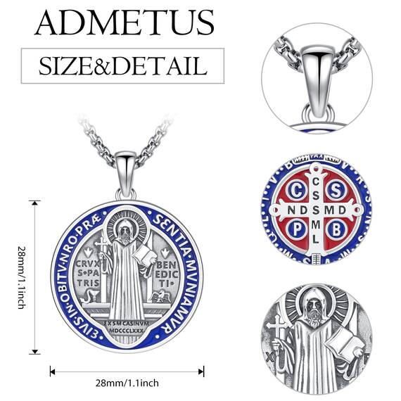 ADMETUS Heiliger Benedikt Anhänger Silber 925 San Benito Medallion Blaue Heiliger Benedikt Medaille Blaue St. Benedikt Kette Halskette Schmuck Geschenk für Herren