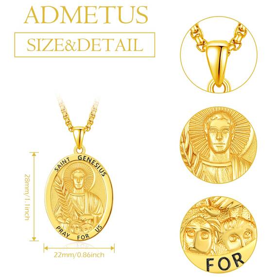 ADMETUS Gold Heiliger Genesius Anhänger Sterling Silber Heiliger Genesis Medaille Herren Gold St. Genesius Halskette Kette Schutz Schmuck