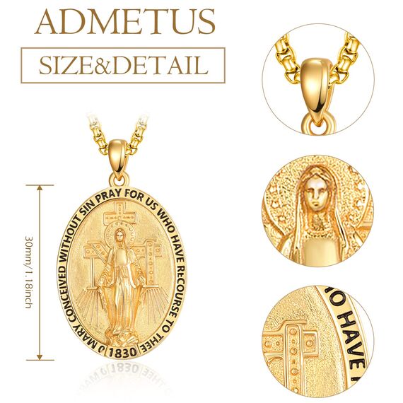 ADMETUS Gold Wundertätige Medaille Sterling Silber Jungfrau Maria Kette Heilige Maria Medaille Katholische Anhänger Schutz Schmuck Religiöse Geschenk für Herren