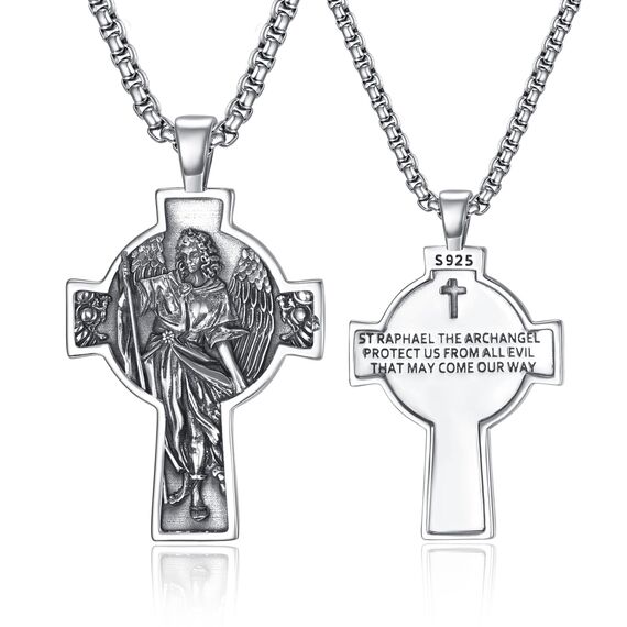 Heiliger Raphael Kreuz Anhänger Silber 925 Medaille des Heiligen Erzengels Raphael Heiliger Raphael der Erzengel Kreuz Kette Halskette Schmuck Geschenke