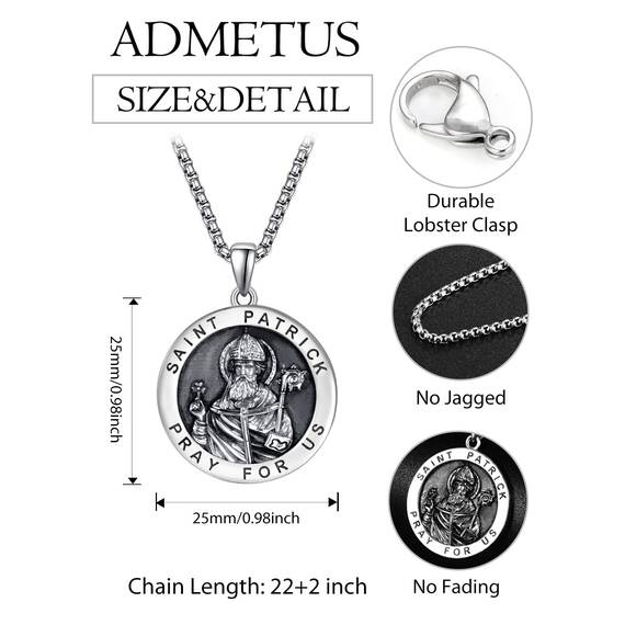 ADMETUS Heiliger Patrick Medaille 925 Sterling Silber St. Patrick Day Anhänger Halskette Schutz Schmuck Religiöse Geschenk für Herren