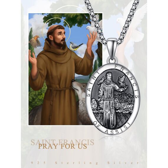 ADMETUS Heiliger Franziskus Anhänger Halskette 925 Sterling Silber Franziskus von Assisi - Medaillen der Schutzheiligen Schutz Schmuck Religiöse Geschenk für Herren