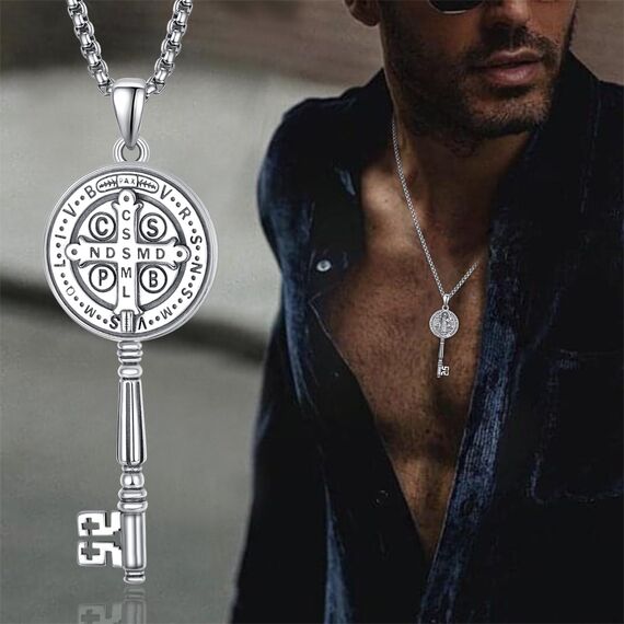 Heiliger Benedikt Schlüssel Halskette Sterling Silber San Benito Medallion Schlüssel Heiliger Benedikt Medaille Schutz Schmuck Religiöse Geschenk für Herren