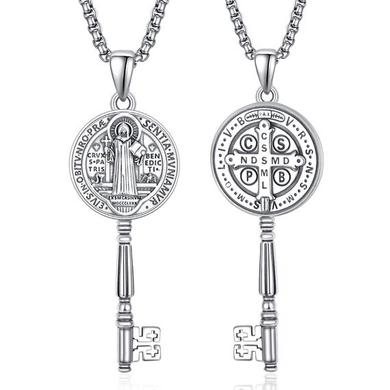 Heiliger Benedikt Schlüssel Halskette Sterling Silber San Benito Medallion Schlüssel Heiliger Benedikt Medaille Schutz Schmuck Religiöse Geschenk für Herren