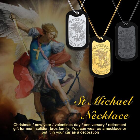 U7 Edelstahl Erzengel Michael Anhänger Halskette St. Michael Erkennungsmarke mit 60cm Kugelkette Schutz Patron Amulett Modeschmuck für Freund Ehemann