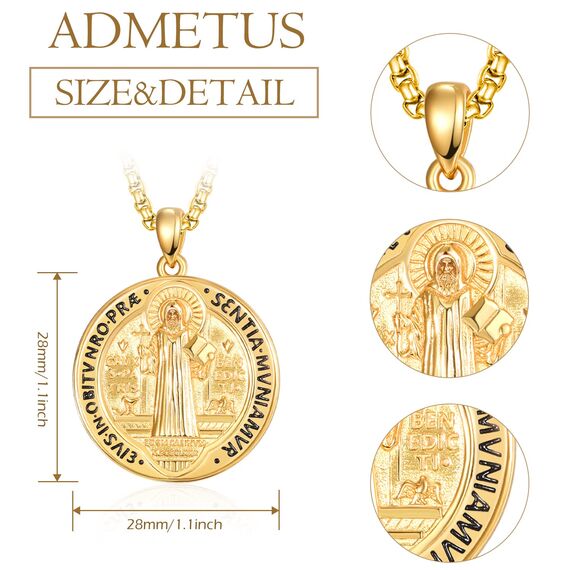 ADMETUS Gold Heiliger Benedikt Anhänger Sterling Silber San Benito Medallion Heiliger Benedikt Medaille St. Benedikt Halskette Schutz Schmuck Religiöse Geschenk für Herren