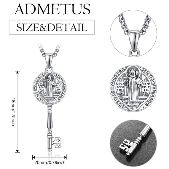 Heiliger Benedikt Schlüssel Halskette Sterling Silber San Benito Medallion Schlüssel Heiliger Benedikt Medaille Schutz Schmuck Religiöse Geschenk für Herren