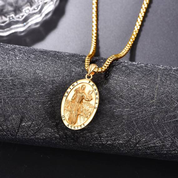 Gold Heiliger Franziskus Anhänger Halskette 925 Sterling Silber Franziskus von Assisi - Medaillen der Schutzheiligen Schutz Schmuck Religiöse Geschenk für Herren