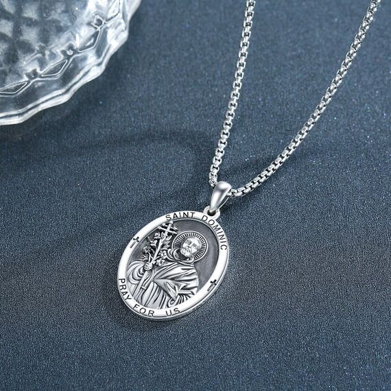 Heiliger Dominic Anhänger Sterling Silber Heiliger Dominic Medaille Herren St. Dominic de Guzman Halskette Kette Schutz Schmuck Religiöse Geschenke