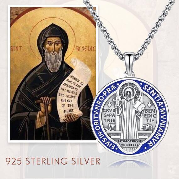 ADMETUS Heiliger Benedikt Anhänger Silber 925 San Benito Medallion Blaue Heiliger Benedikt Medaille Blaue St. Benedikt Kette Halskette Schmuck Geschenk für Herren