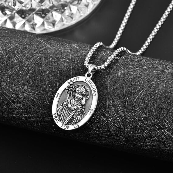 Heiliger Gregory Anhänger Sterling Silber Heiliger Gregory Medaille Herren St. Gregory Halskette Kette Schutz Schmuck Religiöse Geschenke