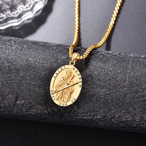 ADMETUS Gold Heiliger Andreas Anhänger Halskette 925 Sterling Silber Heiliger Andrew Medaille Schutz Schmuck Religiöse Geschenk für Herren