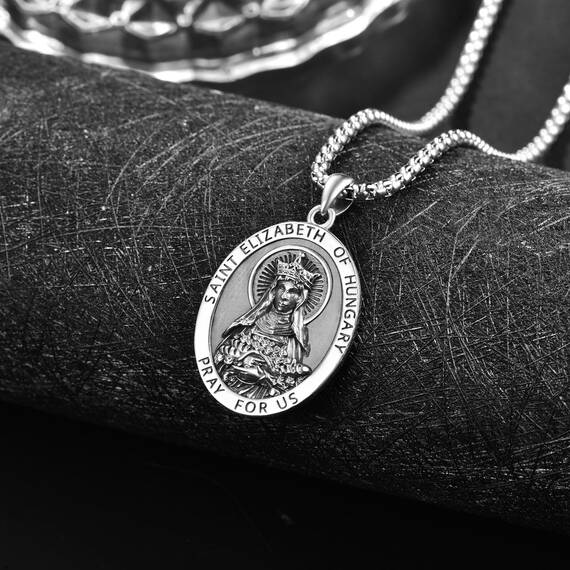 Heiliger Elisabeth von Ungarn Medaille Sterling Silber Saint Elizabeth Anhänger Halskette St. Elizabeth of Hungary Kette Halskette Schmuck für Herren