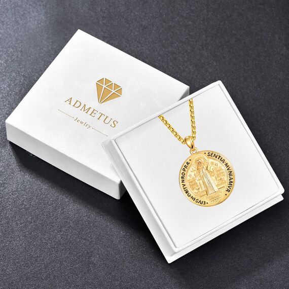 ADMETUS Gold Heiliger Benedikt Anhänger Sterling Silber San Benito Medallion Heiliger Benedikt Medaille St. Benedikt Halskette Schutz Schmuck Religiöse Geschenk für Herren