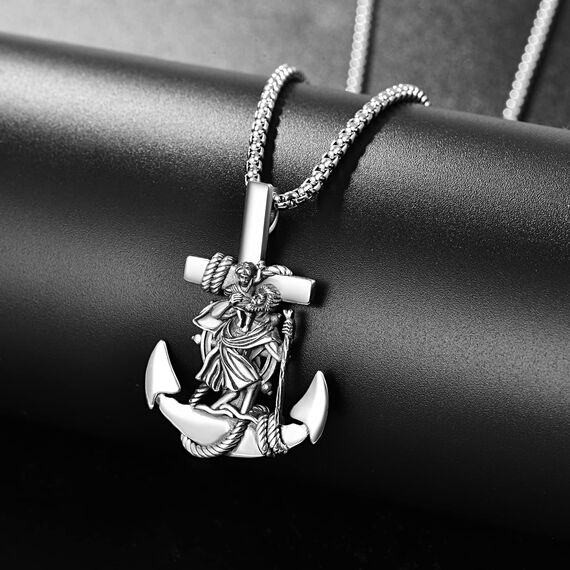 Heiliger Christophorus Kette Anhänger 925 Sterling Silber Anker Kettenanhänger Halskette Männer St Christopherus Kette Anchor Schmuck Religiöser Geschenke für Herren