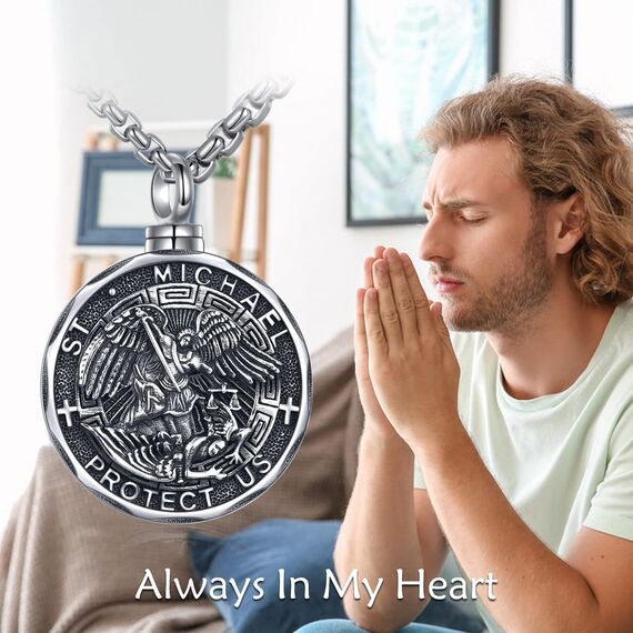 YFN Heiliger Michael Urne Halskette für Asche Sterling Silber Religiöser Beschützer Kremation Anhänger St Michael Erzengel Schmuck Geschenke für Damen Herren