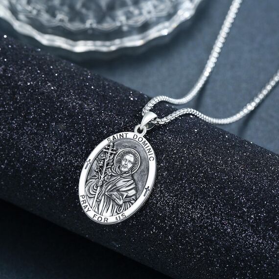 Heiliger Dominic Anhänger Sterling Silber Heiliger Dominic Medaille Herren St. Dominic de Guzman Halskette Kette Schutz Schmuck Religiöse Geschenke