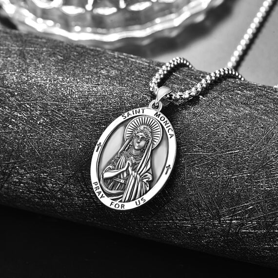 Heiliger Monica Anhänger Sterling Silber Heiliger Monica Medaille Herren St. Monica Halskette Kette Schutz Schmuck Religiöse Geschenke