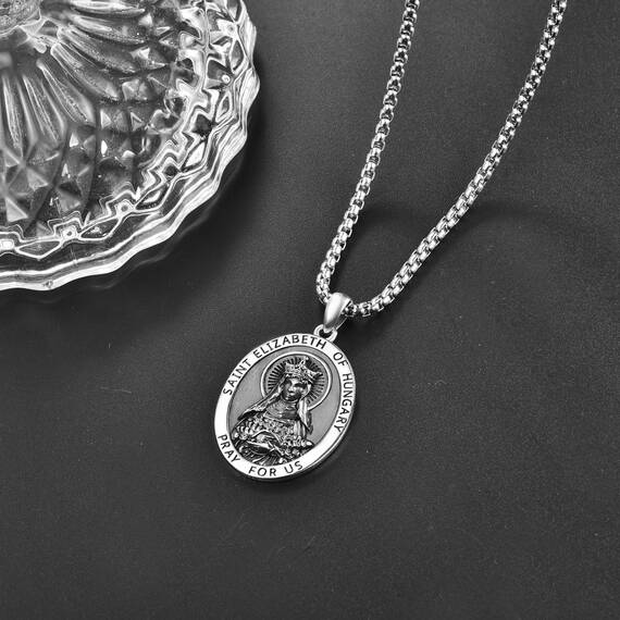 Heiliger Elisabeth von Ungarn Medaille Sterling Silber Saint Elizabeth Anhänger Halskette St. Elizabeth of Hungary Kette Halskette Schmuck für Herren