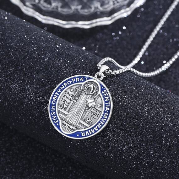 ADMETUS Heiliger Benedikt Anhänger Silber 925 San Benito Medallion Blaue Heiliger Benedikt Medaille Blaue St. Benedikt Kette Halskette Schmuck Geschenk für Herren