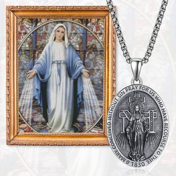 ADMETUS Wundertätige Medaille Sterling Silber Jungfrau Maria Kette Heilige Maria Medaille Katholische Anhänger Schutz Schmuck Religiöse Geschenk für Herren