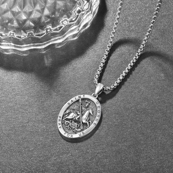 ADMETUS Heiliger Georg Anhänger Kette 925 Sterling Silber St. Georg und Drache Medaille Schutz Schmuck Religiöse Geschenk für Herren