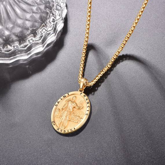 Gold Heiliger Franziskus Anhänger Halskette 925 Sterling Silber Franziskus von Assisi - Medaillen der Schutzheiligen Schutz Schmuck Religiöse Geschenk für Herren