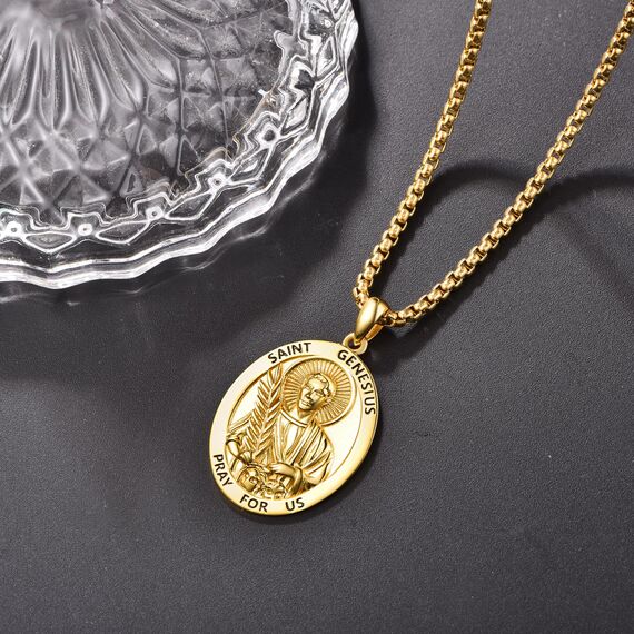 ADMETUS Gold Heiliger Genesius Anhänger Sterling Silber Heiliger Genesis Medaille Herren Gold St. Genesius Halskette Kette Schutz Schmuck