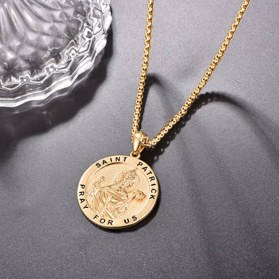 Gold Heiliger Patrick Medaille 925 Sterling Silber St. Patrick Day Anhänger Halskette Schutz Schmuck Religiöse Geschenk für Herren