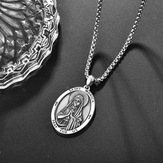 Heiliger Monica Anhänger Sterling Silber Heiliger Monica Medaille Herren St. Monica Halskette Kette Schutz Schmuck Religiöse Geschenke