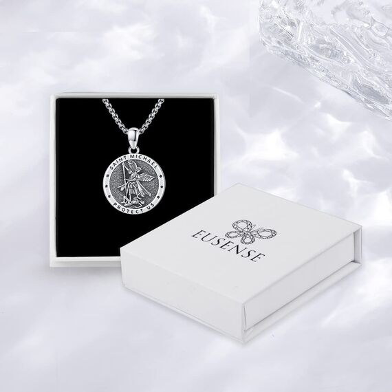 Eusense St Michael Halskette 925 Sterling Silber Heiliger Erzengel Anhänger Saint Michael Amulett Schmuck Geschenk für Herren Damen, 20+2"