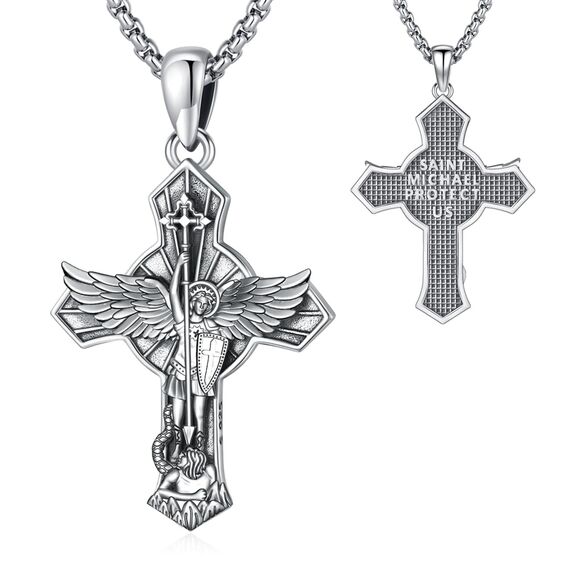 Eusense Sankt Michael Kreuz Halskette 925 Silber Sankt Michael Anhänger Erzengel Beschützt uns Medaille Schutzpatron Amulett Religiöser Schmuck Geschenke für Männer Frauen