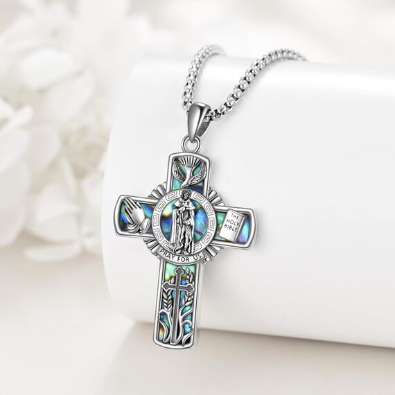 YFN Heiliger Peregrinus Kreuz Halskette Sterling Silber Religiöser Beschützer Anhänger St Peregrine Schmuck Saint Peregrine Geschenke für Damen Herren