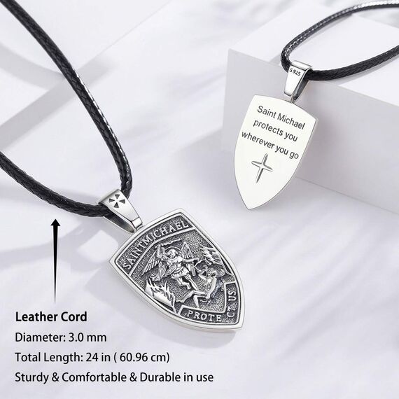 Eusense St Michael Halskette für Herren Damen, 925 Sterling Silber Schutzanhänger mit Erzengel, Engel Schutzheiligen Amulett, Schmuck Geschenk für Jungen Mädchen mit Lederseil 61 cm
