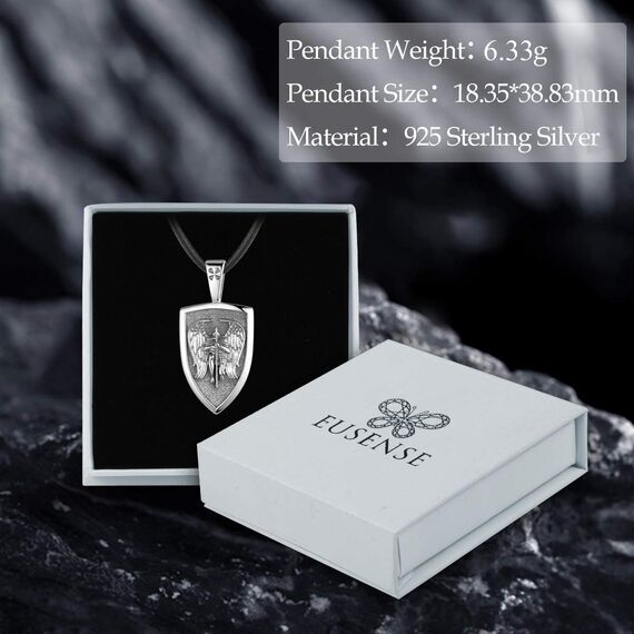 Eusense St Michael Halskette für Herren Damen 925 Sterling Silber Erzengel Anhänger Saint Michael Heilige Amulett Schmuck Geschenk, 61 cm