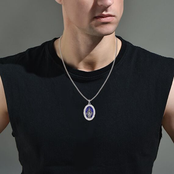 YFN Jungfrau Maria Oval Halskette Sterling Silber Religiöse Beschützer Anhänger Blau Jungfrau Maria Schmuck Geschenke für Damen Herren