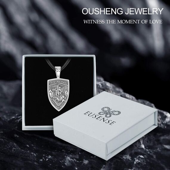 Eusense St Michael Halskette für Herren Damen, 925 Sterling Silber Schutzanhänger mit Erzengel, Engel Schutzheiligen Amulett, Schmuck Geschenk für Jungen Mädchen mit Lederseil 61 cm
