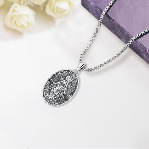 Eusense Heilige Jungfrau Maria Halskette St. Maria Anhänger Kette 925 Sterling Silber Heilige Halskette Kette katholischer Religiöser Schmuck Medaille Schutzamulett für Frauen Damen