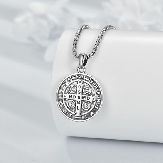 YFN Heiliger Benedikt Halskette Sterling Silber religiösen Beschützer Anhänger Sankt Benedict Schmuck Geschenke für Damen Herren