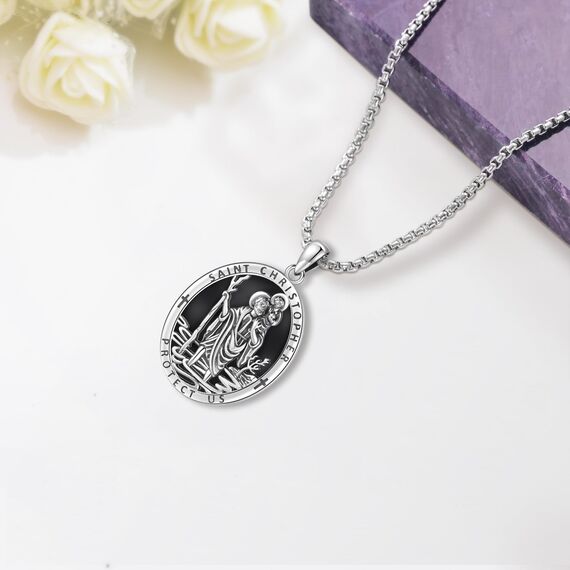 Eusense Saint Christopher Halskette 925 Silber mit schwarzem Obsidian St Christopher Anhänger Saint Christopher Anhänger Kette Schmuck religiöses Amulett für Männer Frauen