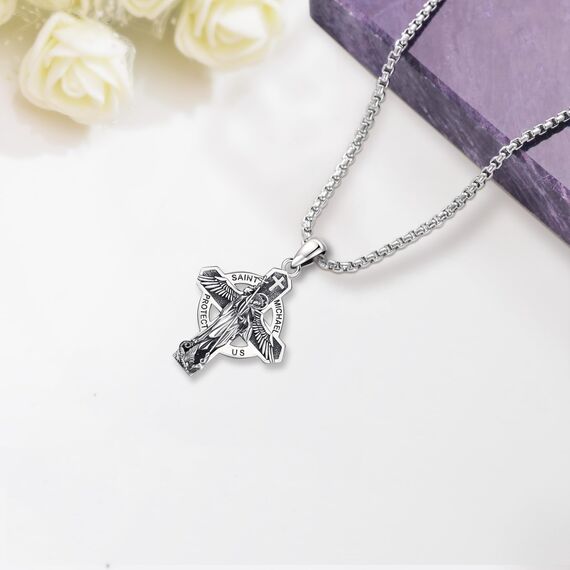 Eusense 925 Sterling Silber Saint Michael Kreuz Halskette St Michael Anhänger Erzengel beschützen uns Medaille Schutzpatron Amulett Religiöser Schmuck Geschenke für Männer Frauen
