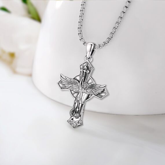 Eusense Sankt Michael Kreuz Halskette 925 Silber Sankt Michael Anhänger Erzengel Beschützt uns Medaille Schutzpatron Amulett Religiöser Schmuck Geschenke für Männer Frauen